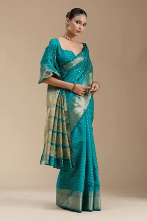 Turquoise Blue Zariwork (Gold) Tussar Silk_Saree