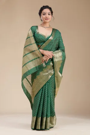 Bottle Green Zariwork (Gold) Tussar Silk Saree