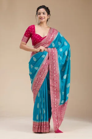 Turquoise Blue Zariwork (Gold) Georgette Silk Saree