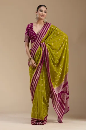 Parrot Green Zariwork (Gold) Georgette Silk_Saree