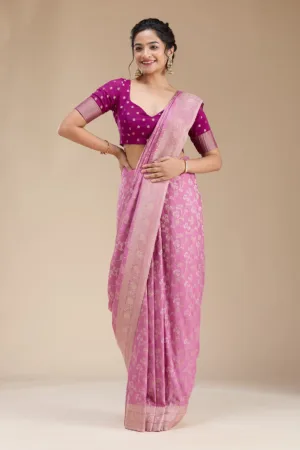 Onion Pink Zariwork (Gold) Georgette Silk Saree