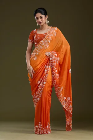 Orange Aariwork Satin Saree