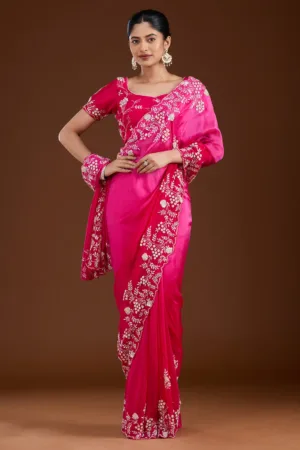 Rani Pink Aariwork Satin Saree