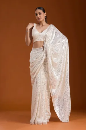 Off White Sequins Georgette Saree