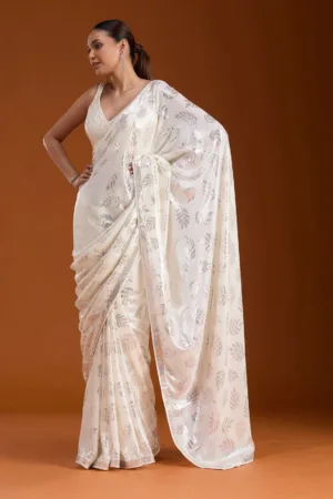 Off White Sequins Georgette Saree
