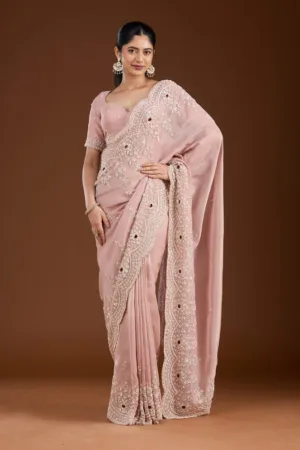 Light Peach Cording Tissue Saree