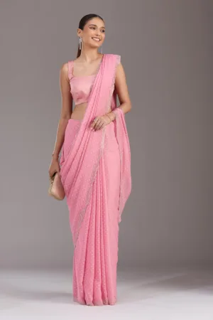 Gajari Pink Stonework (Silver) Chiffon Saree