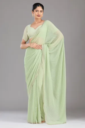 Pista Green Stonework (Silver) Chiffon Saree