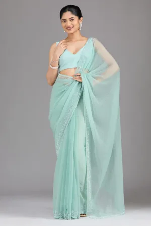 Sea Green Stonework (Silver) Chiffon Saree