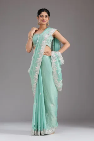 Pista Green Gotapatti Satin Saree