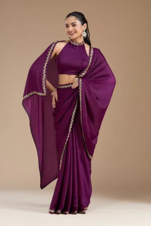 Wine Aariwork Satin Saree