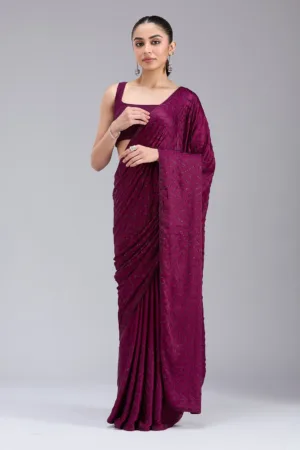 Wine Stonework (Silver) Organza Saree