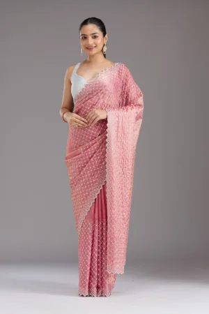 Onion Pink Stonework (Silver) Tissue Saree