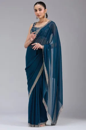 Peacock Blue Stonework (Gold) Georgette Saree