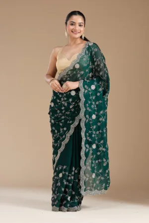 Bottle Green Zariwork (Gold) Georgette Saree