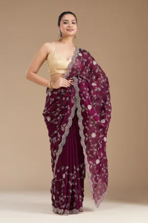Wine Zariwork (Gold) Georgette Saree