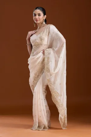 Light Peach Sequins Tissue Saree