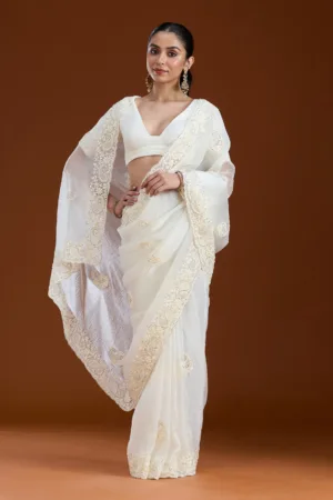 Off White Pearlwork Tissue Saree