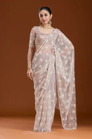 Beige Sequins Net Saree