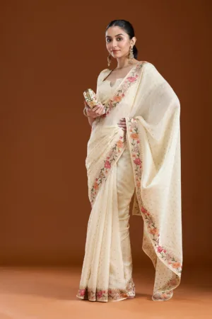 Cream Threadwork Tissue Saree