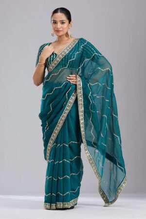 Peacock Blue Sequins Georgette Saree