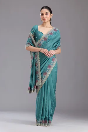 Sea Green Threadwork Soft Raw Silk Saree