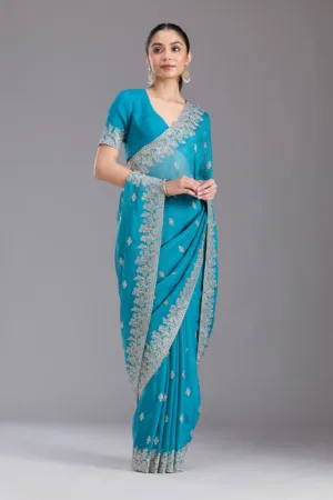 Blue Threadwork Tissue Saree