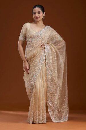 Beige Sequins Tissue Saree