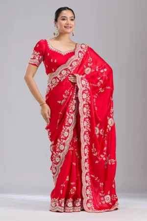 Red Mirrorwork Satin Saree