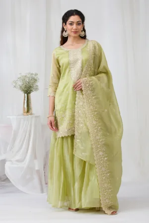 Pista Green Threadwork Semi Crepe Readymade Salwar Suit