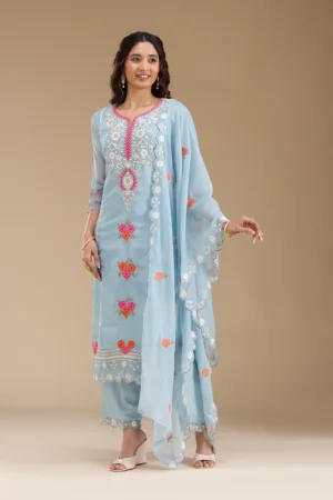 Sky Blue Threadwork Semi Crepe Readymade Salwar Suit