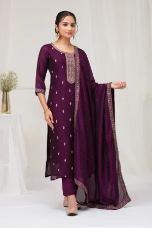Purple Sequins Raw Silk Readymade Salwar Suit