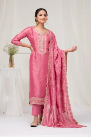 Onion Pink Threadwork Raw Silk Readymade Salwar Suit