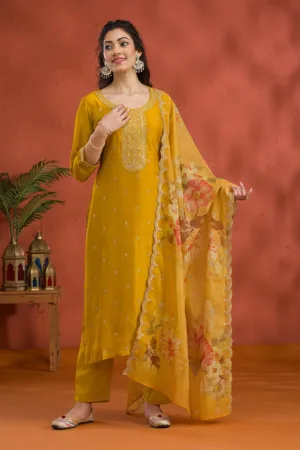 Mustard Threadwork Raw Silk Readymade Salwar Suit