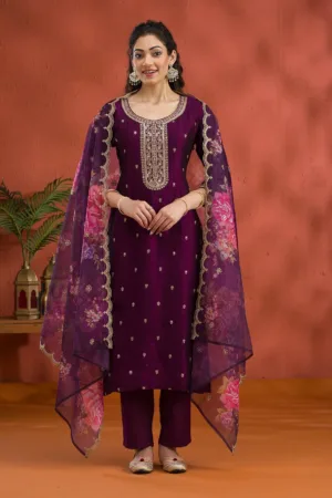 Purple Threadwork Raw Silk Readymade Salwar Suit