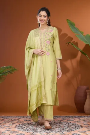 Pista Green Threadwork Soft Raw Silk Readymade Salwar Suit