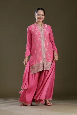 Pink Threadwork Chinon Readymade Salwar Suit