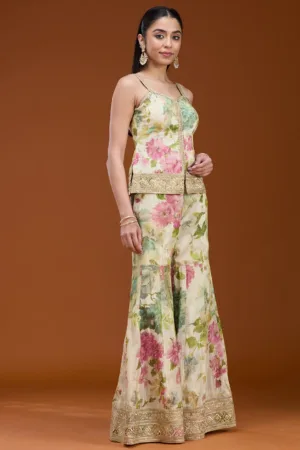 Off White Printed Crepe Readymade Salwar Suit