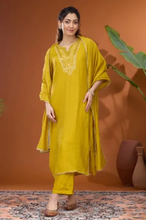 Mustard Yellow Mirrorwork Chanderi Readymade Salwar Suit