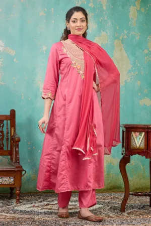 Gajari Pink Cording Chanderi Readymade Salwar Suit
