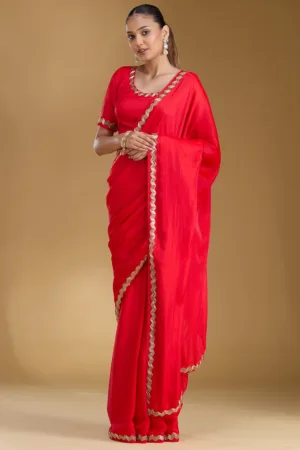 Red Ariwork Satin Saree