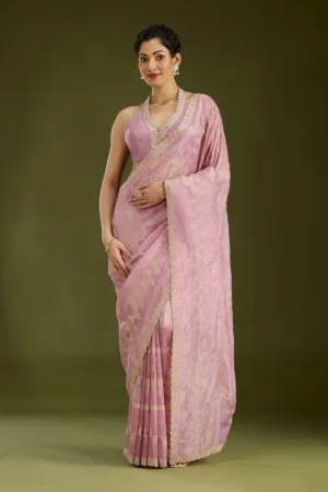 Pink Stonework (Gold) Tissue Saree
